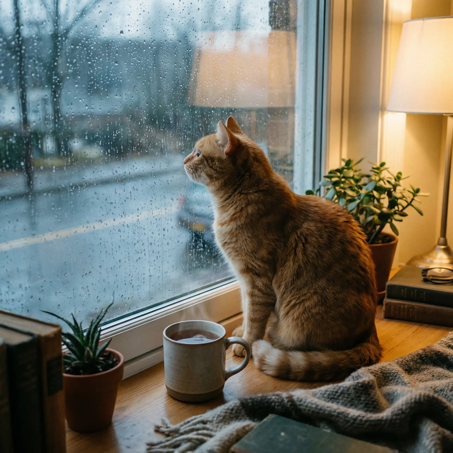 猫咪望着窗外的雨 - 林弯弯